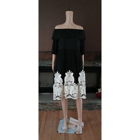 Women's XL Black Cocktail Party Dress Embroidered Damask Pattern Tool Overlay - Picture 5 of 8